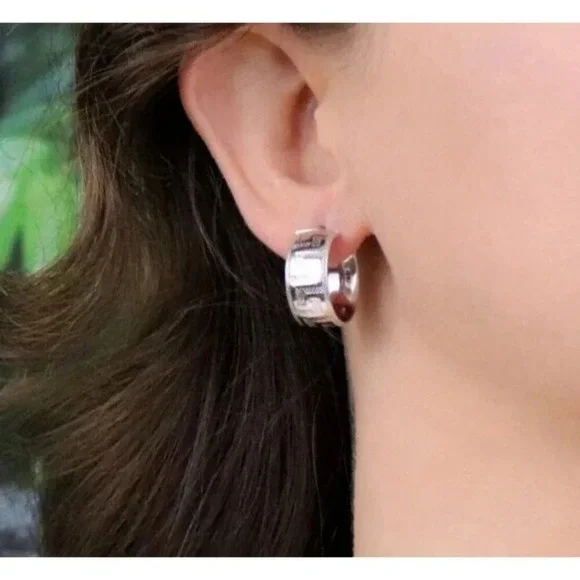 14k White Gold Hollow Lightweight Greek Key Hoop Earrings 3/4" Hoops - Picture 2 of 7